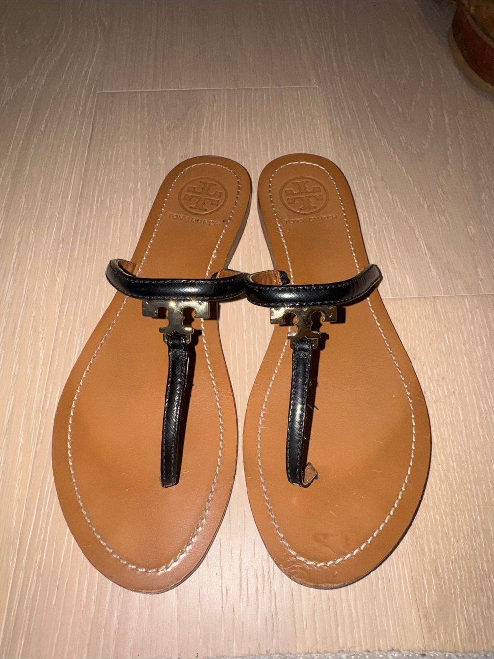 Tory Burch Black Leather T-Strap Logo Sandals
